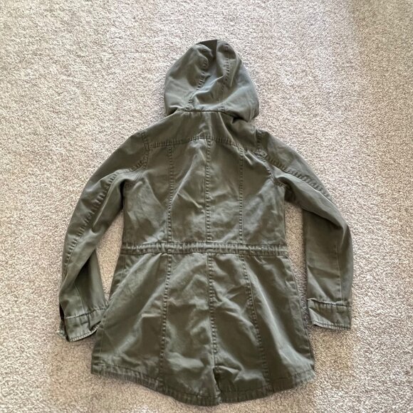 Olive Green Drawstring Utility Hooded Jacket w Button and Zip Closure Y2K Small - Picture 10 of 13